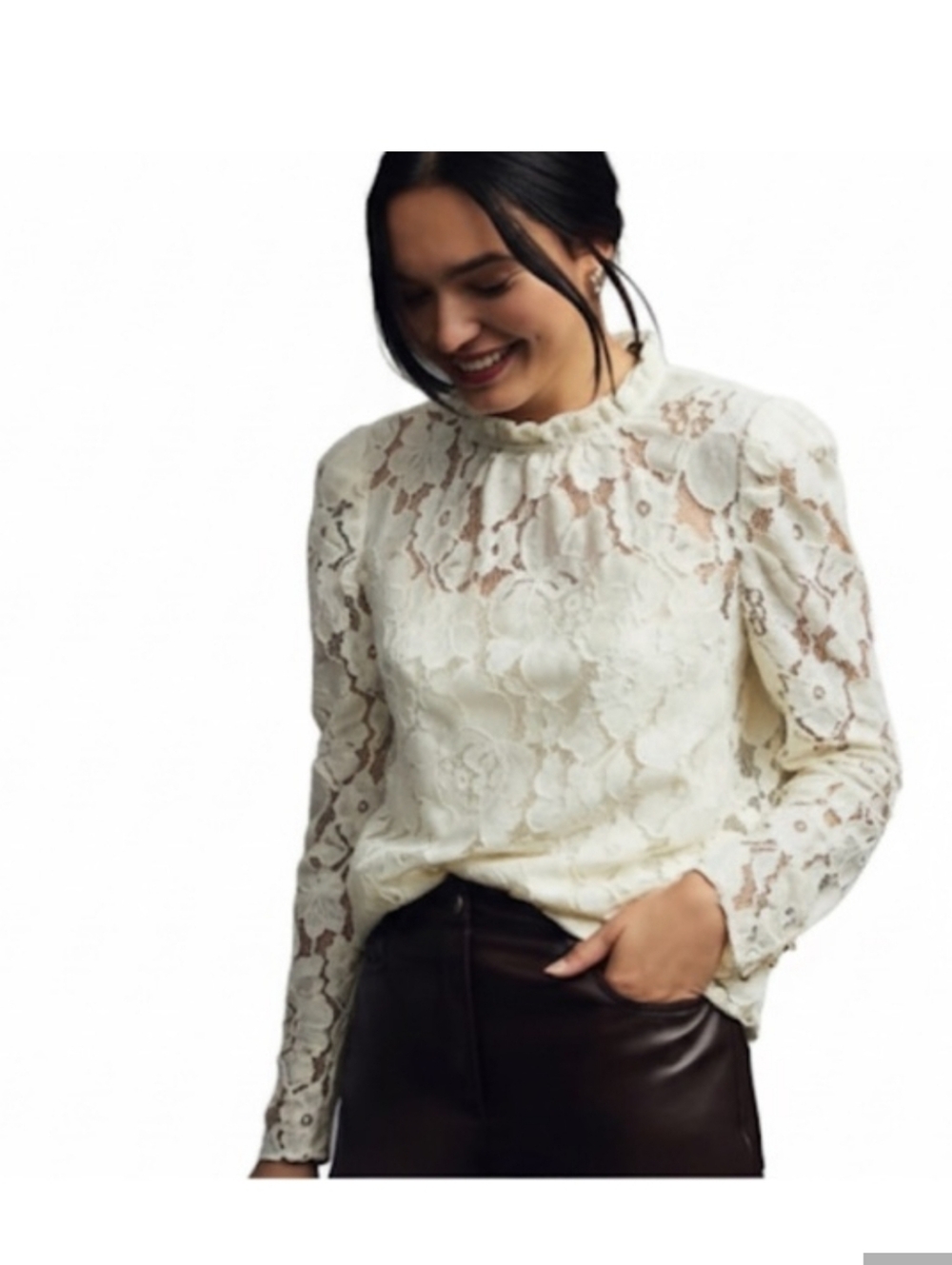 Mare Mare X Anthropologie Cream Sheer Lace Ruffle Neck Blouse Medium EUC!